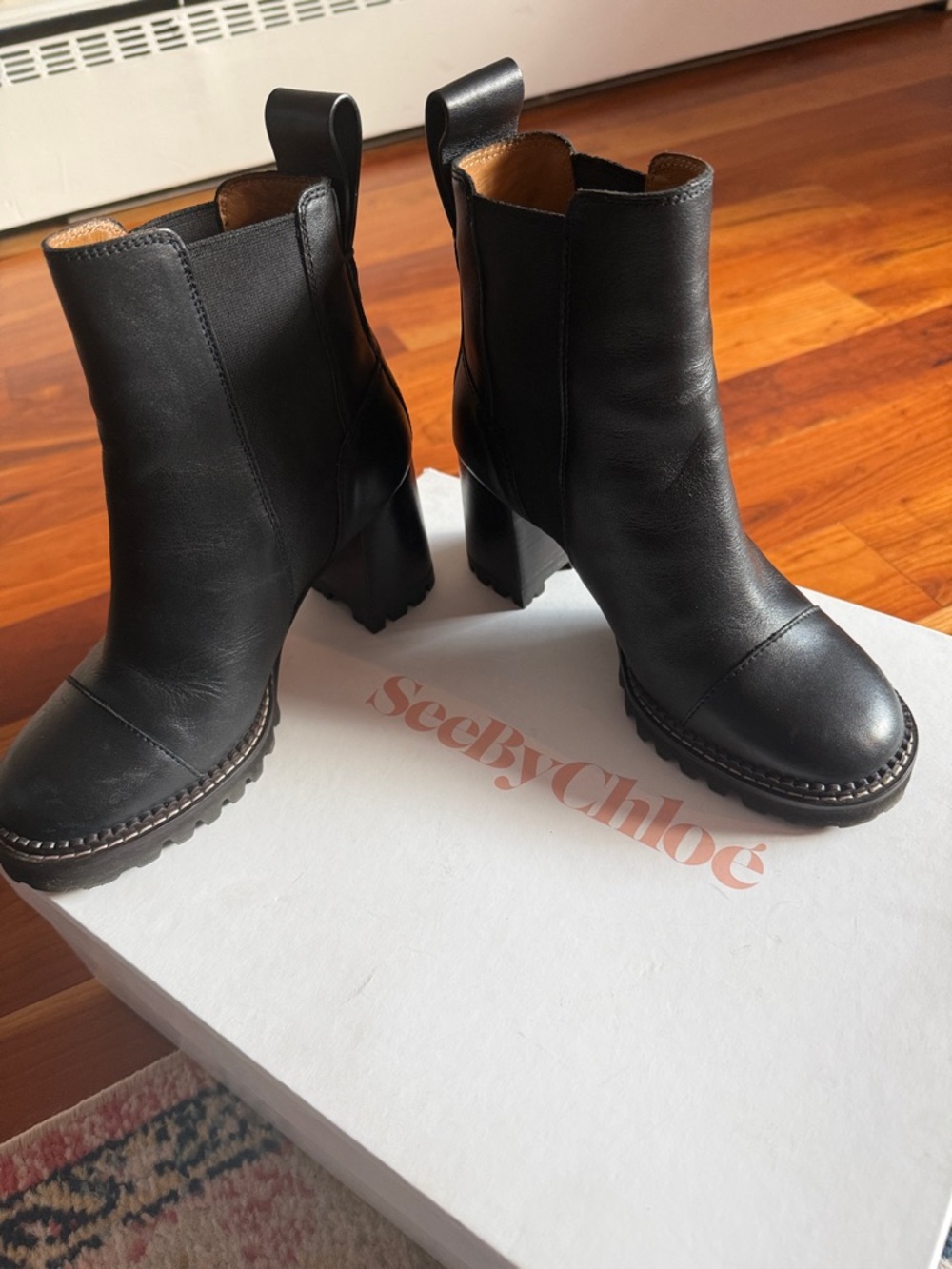 See By Chloe Black Leather Block Heel Mallory Boots